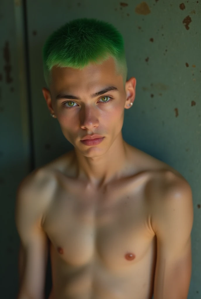 high resolution, realistic, A hyper-realistic, 15 years old boy, Edgy Ulzzang boy, green hair, buzz cut, gorgeous boy face, showing dominance, skinny body, shirtless, male, fair skin, wet skin, armpit.