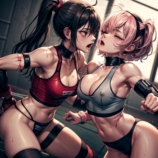 punch, punch, punch. two bloody beautiful Japanese high school student girl fighters are looking at each eyes. life or death struggle. survival battle. dynamic exciting action in the octagon. whole body picture. they are beating each other so hard. their punches to each other's faces. they are covered in scars and bruises. they are damaged terribry. Short-cut black hair, out of breath, drooling from mouth, one eye closed, exhausted, drenched in sweat. Erect nipples. open finger glove. sports-bra, high-leg panty. Stockings. armwarmers. Whittled waistline, small breasts