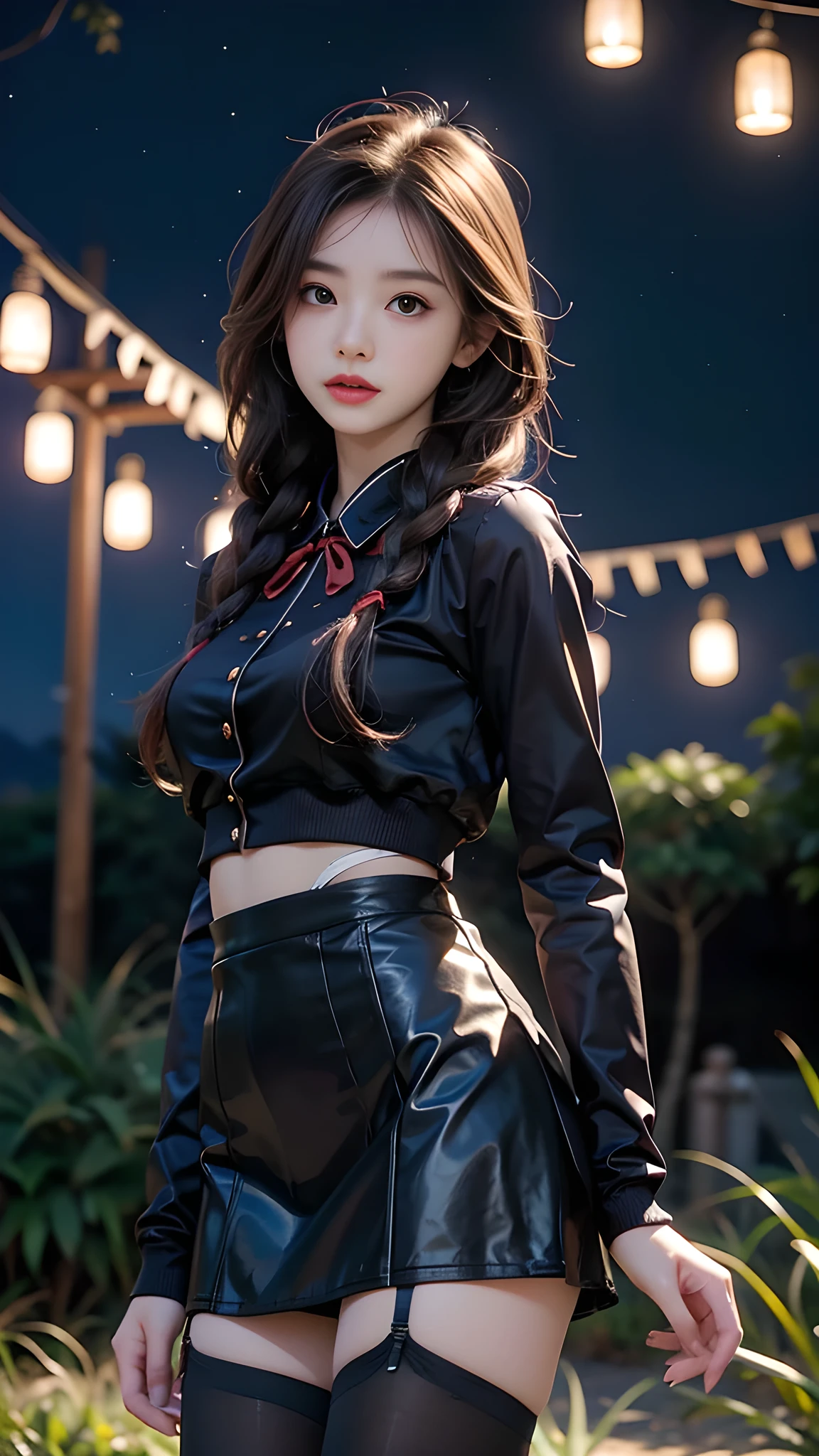 ulzzang-6500-v1.1, (RAW photo: 1.2), (Real photo), (Real photo: 1.4), 1 girl、Perfect anatomy、19 years old、Looking at the camera、Medium length hair、side braids, uniform short skirt, in a surreal royal garden, with many hanging lanterns, under the starry night sky, ((starry night: 1.1))、(Surreal tights: 1.2), (Business service)、Asian eyes Ella,