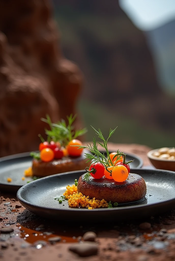 Presentation of a main dish fusing the Valluno-Andean cuisine of Bolivia made with murmunta (cianobacteria) as the main ingredient, Llama meat cooked on embers and rainbow chili encapsulated in a fake caviar using cutting-edge techniques. image in 8k