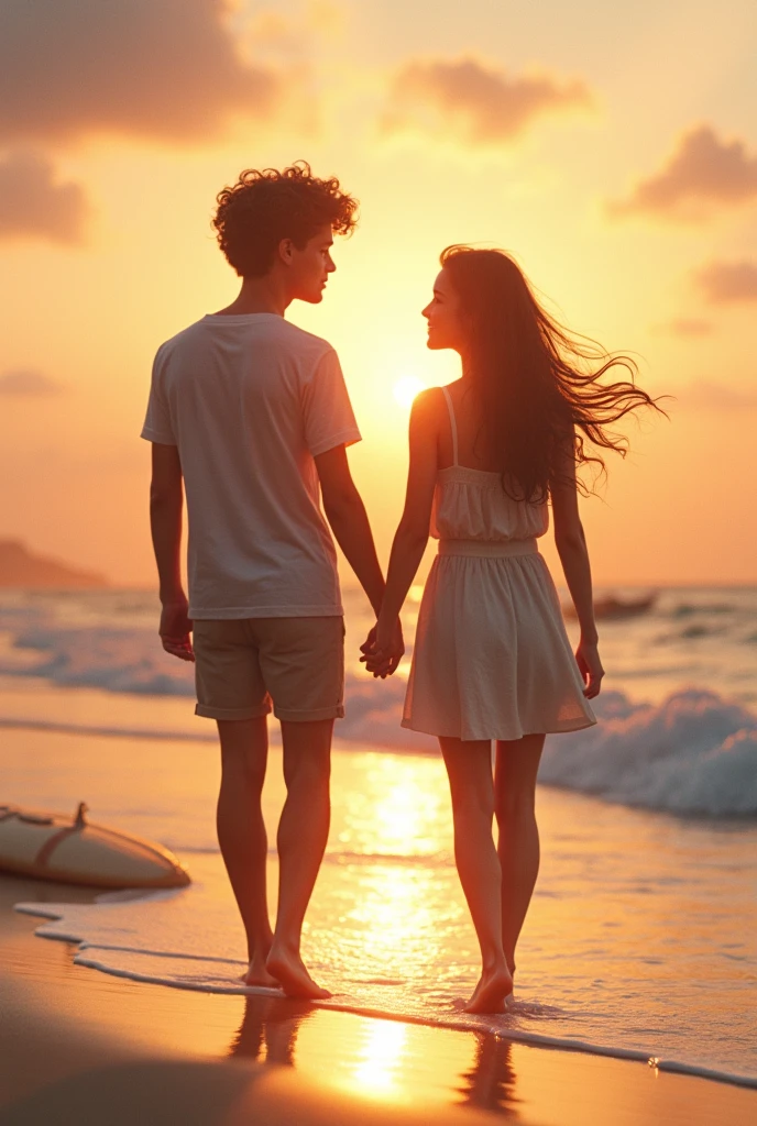 A cover for a Netflix series about two teenagers who fall in love. The title is "summer love" that they are walking on the beach at sunset. That there are some surfboards on the shore and that they look a little far away