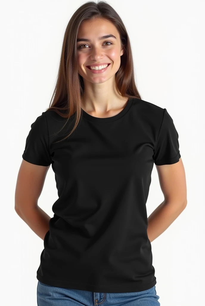 young woman in black women&#39;s t-shirt, Lisa, unisex, on a white background