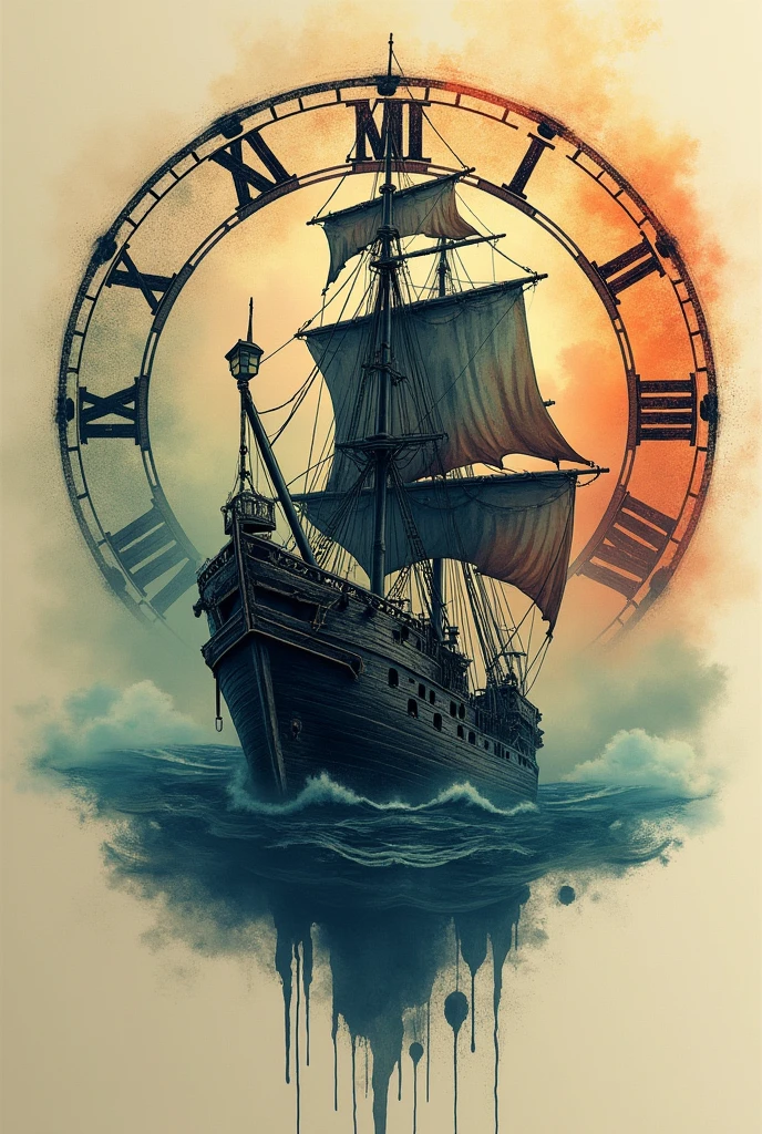 tattoo design that may include a destroyed ghost ship with fog as the main image, In the background an old circular and rotating clock highlighting the north and south , The colors will be like a splash of paint