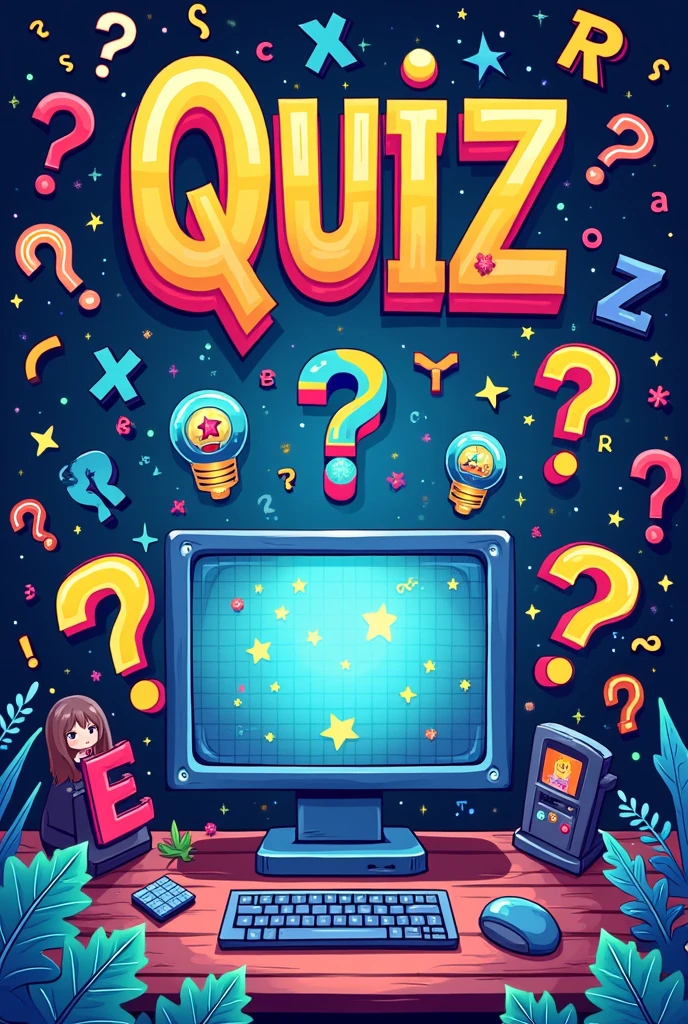 Design a poster for quiz where the elements of computer, alphabets, riddles, question of genres will be included and also write the faculty coordinators name : 1. Prof.Nayantara Mitra 2. Prof. Ankan Bhowmik 3. Prof Shramana Dutta and also keep space for futher editing