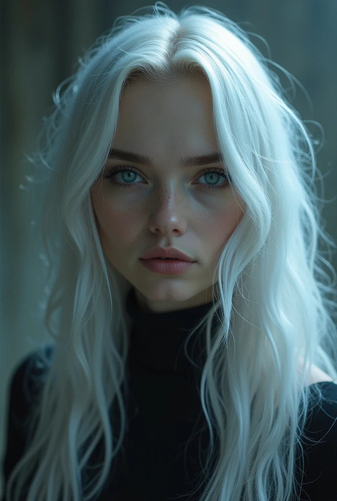 A woman with white hair, black eyes, and a mysterious aura