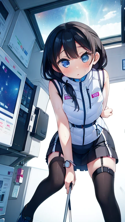 (Highest quality), (masterpiece), 1080P, High resolution, 4K, 8k, Inside the space station、Futuristic room、Thigh straps, Shooting from directly below, The woman on top of me, 白いSweat, Covered , Sweat, Woman looking down, Skirt swimsuit, Thigh-high socks, To achieve this, 16 years old, , whole body, Black leather shoes, Braided hair, Inner Color, Embarrassed face, Short black hair, bracelet, Bedroom,celestial body_Vest