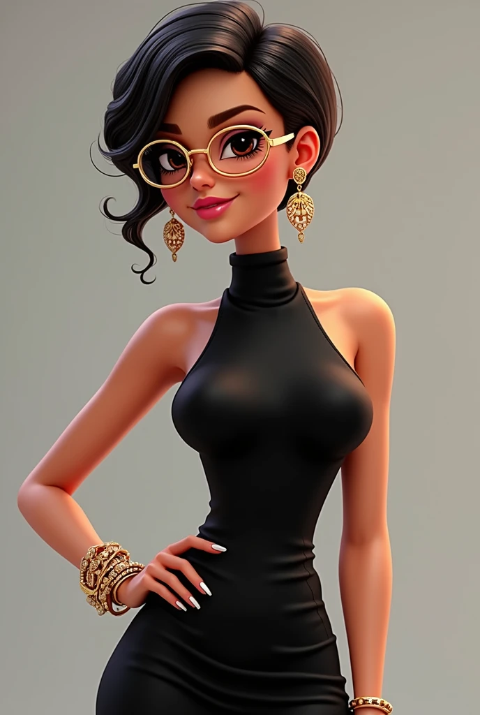 There is a white bratz girl who has short hair, brown eyes, golden oval glasses and a black sleeveless high-neck dress with rings, bracelets and elegant earrings.