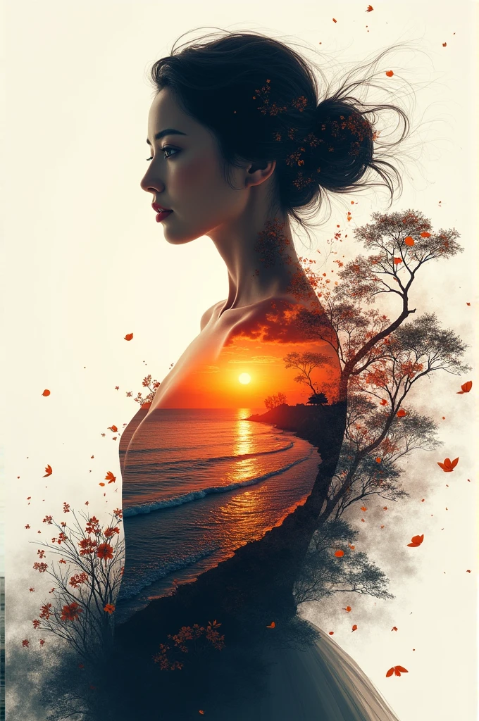 high qualiy, 8k Ultra HD, Uma linda Double exposure que combina uma silhueta de deusa com costa ao pôr do sol, the coast at sunset should serve as a backdrop, with its details incorporated into the goddess, Sharp lines, The background is monochromatic, sharp focus, Double exposure, By Yukisakura, stunning full colors.