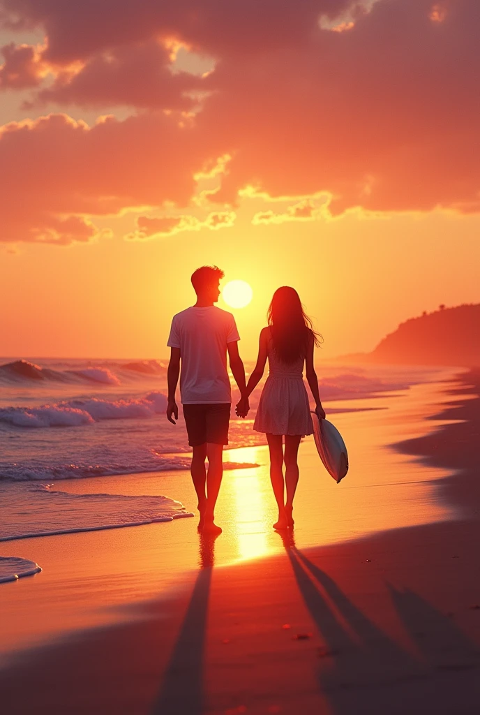 A cover for a Netflix series about two teenagers who fall in love. The title is "summer love" that they are walking on the beach at sunset. That there are some surfboards on the shore and that they look a little far away