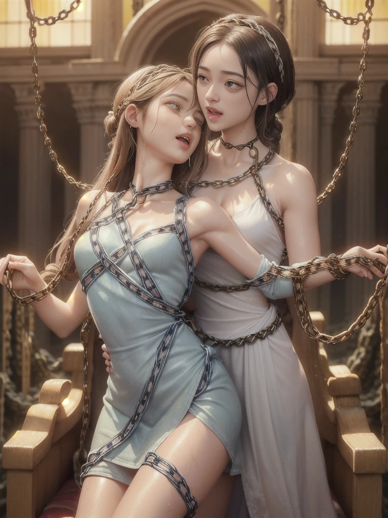 {(watercolor painting:1.2),(ultra realistic photo graphic style:1.1),(renaissance style:1.2)}, {(extremely detailed beautiful face and eyes and skin and hair)}, BREAK, {erotic face,anguish,(very ecstasy:1.2),(writhing:1.4),embarrassing,half open eye},{(very obscene pose:1.2),(arched back:1.2),(arch one's head:1.4)}, {(very Amazing mini length dress:1.2), (very beautiful mini length dress:1.2),(beige colored dress), (sky-blue colored dress), (green-yellow colored dress),(magenta colored dress),(wet clothes:1.2)}, BREAK, {(many chains from the ceiling:1.4), (chain shibari:1.3),(chain bondage), (chain restraint),(wrap limbs with chains:1.8),(chain bind body),(chain in collar:1.2), confinement, shackles}, BREAK, {(2 woman, medium breasts, (lick each other:1.2, saliva), braid hair intricately)},{dynamic low angle view}, {(palace throne room:1.2),(glowing stained glass:1.2)}, BREAK,{(glowing tears:1.1),(pure white skin:1.1)}