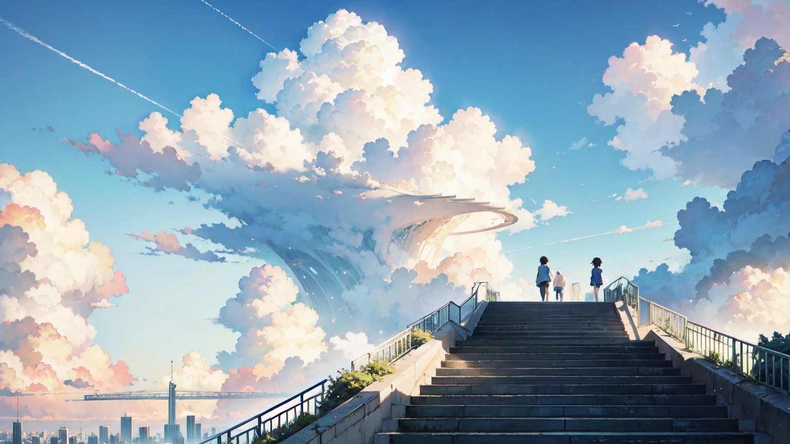 bright picture, Makoto Shinkai, city in the sky, not connected to land, only a long stretch of stairs above the sky, above the clouds, stairs in the sky, illustration, nostalgic, vivid, background only, bright, fresh, stairs