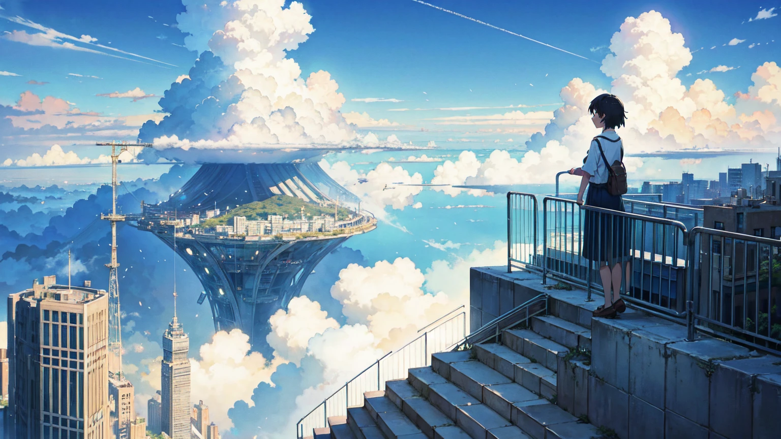 bright picture, Makoto Shinkai, city in the sky, not connected to land, only a long stretch of stairs above the sky, above the clouds, stairs in the sky, illustration, nostalgic, vivid, background only, bright, fresh, stairs
