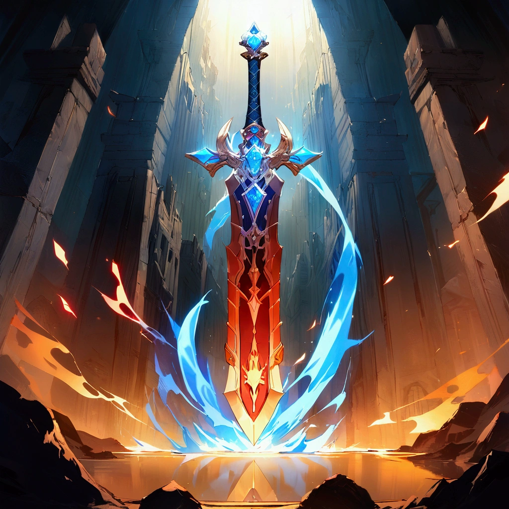 (best quality,4K,8K,high resolution,masterpiece:1.2),Extremely detailed,Practical,Sword of the Master,Legendary weapons,exquisite craft,Detailed handle,Sharp blade,Proper proportions,Beautiful texture,Mythological sword puiconic symbol,Hero&#39;s Weapon,Forged by the Gods,Sword of Destiny,Magic Blade,Shining blue halo,Legendary Battles,Ultimate Power Weapon,Destined to defeat,Video Game Weapons,Exquisite design,Complex carving,Powerful Artifact,Impeccable quality craftsmanship,Eye-catching and elegant,The core of the artwork,Shining with divine energy,Extremely sharp，Can cut everything,Radiant intensity and power,Fit for a true hero,Paying tribute to games in an artistic way,The hero&#39;s signature weapon,Original metal products,Extreme attention to detail,The hilt of the sword is inlaid with colorful gems,Legendary inheritance,unbreakable:Focus on the reflections and highlights of the blade,Create a sense of awe,Showcase iconic swords in dynamic poses and perspectives,展现Sword of the Master的神话精髓和力量.