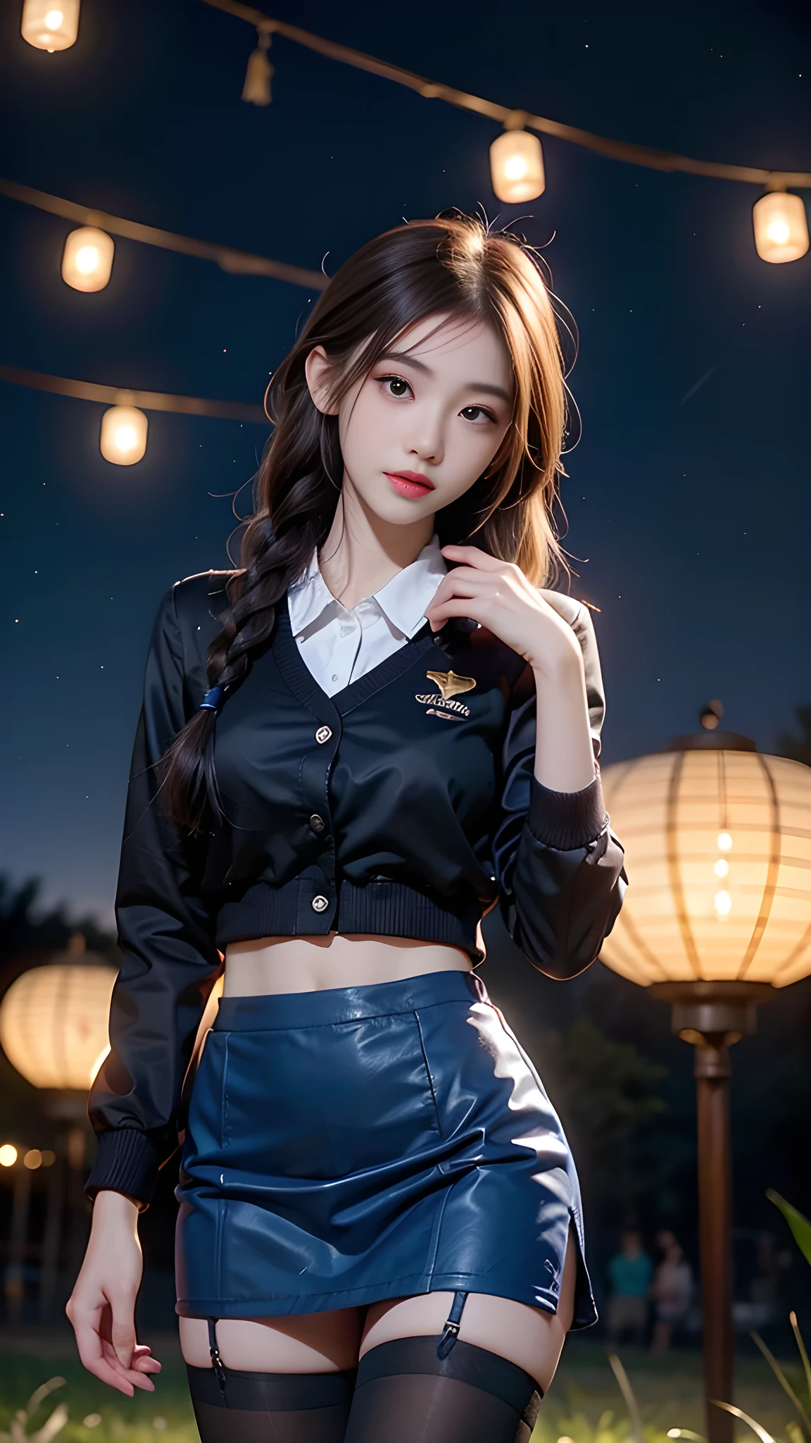 ulzzang-6500-v1.1, (RAW photo: 1.2), (Real photo), (Real photo: 1.4), 1 girl、Perfect anatomy、19 years old、Looking at the camera、Medium length hair、side braids, uniform short skirt, in a surreal royal garden, with many hanging lanterns, under the starry night sky, ((starry night: 1.1))、(Surreal tights: 1.2), (Business service)、Asian eyes Ella,