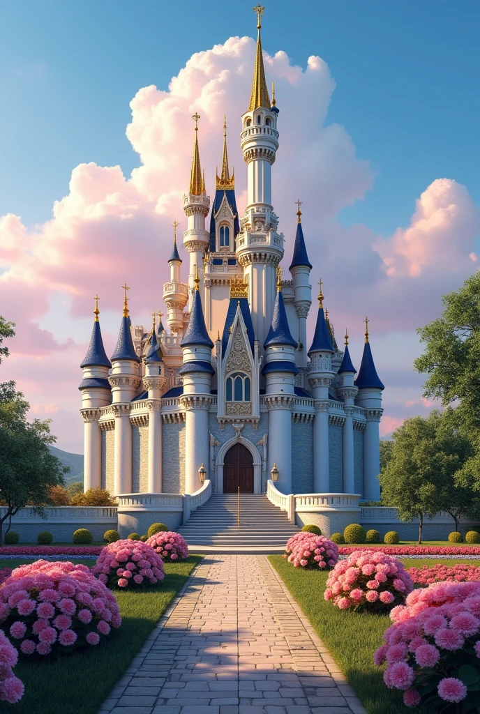 An imposing castle, a clear blue sky with some fluffy white clouds with pink hues The castle is grand and ornate, made of white and gold stones that shine in the evening light. It has a beautiful garden with pink flowers and a path to the ballerina