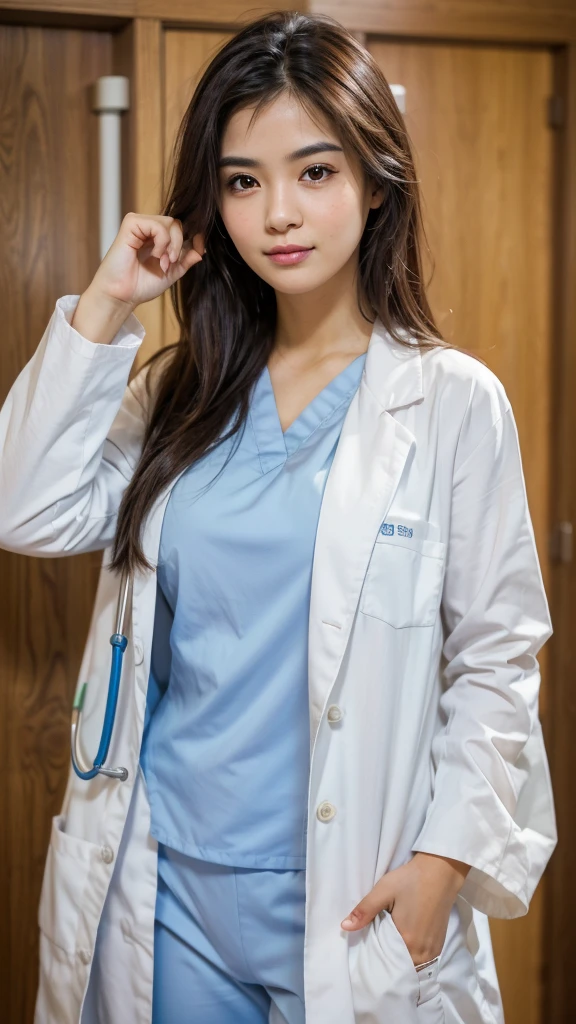 Portrait-style image featuring a young woman standing indoors, wearing a light blue medical scrub top and pants, covered by a white lab coat. She has long, straight dark hair, fair skin, and is looking directly at the camera with a neutral expression. Her right hand is raised near her face, with her thumb and index finger forming a small gap, while her left hand is holding the edge of her lab coat. The background consists of wooden cabinets and doors, adding a warm tone to the setting. The overall composition is centered, with the subject occupying the majority of the frame.