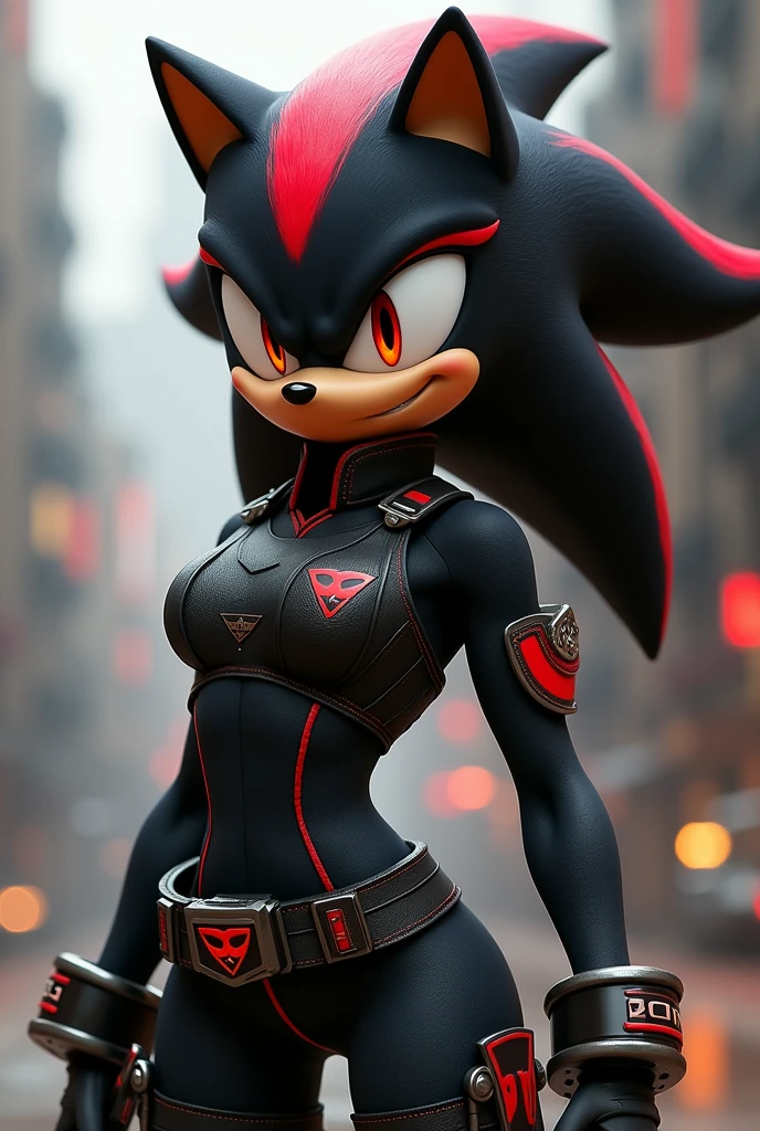 shadina the hedgehog black fur jet red streaks nice body reddish eyes tender pretty beautiful dressed as a soldier female character from shadow the hedgehog 