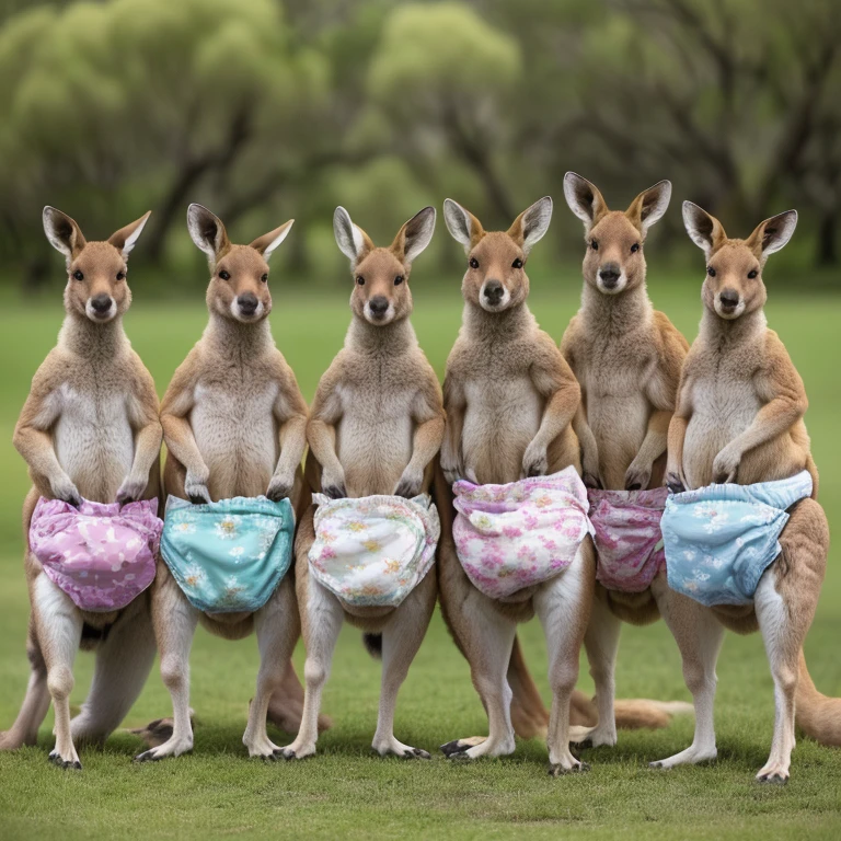araffes in diapers standing on their hind legs in a row, kangaroos, australian, subject : kangaroo, subject: kangaroo, kangaroo, australia, trending ,, aussie, in australia, lol, spy kangaroo, wtf, 6 pack, springtime, photo shot, photograph credit: ap, sunday, omg, shutterstock, family photo, in a row, sick