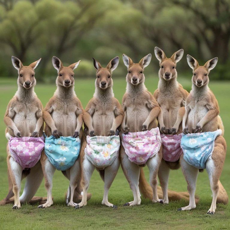 araffes in diapers standing on their hind legs in a row, kangaroos, australian, subject : kangaroo, subject: kangaroo, kangaroo, australia, trending ,, aussie, in australia, lol, spy kangaroo, wtf, 6 pack, springtime, photo shot, photograph credit: ap, sunday, omg, shutterstock, family photo, in a row, sick
