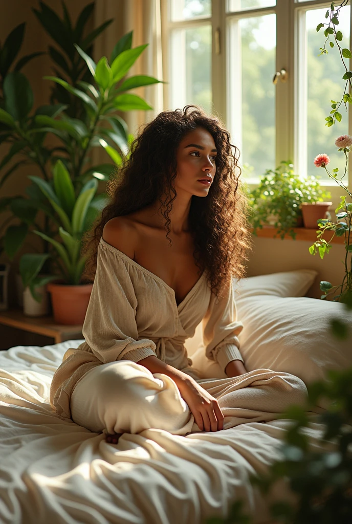 (photorealism:1.2), beautiful woman, sitting on bed, wearing loose off-shoulder top, pajama pants, long curly hair, indoors, soft lighting, plants in background, window with sunlight, cozy room, relaxed pose, realistic, intricate details, warm colors, by Greg Rutkowski, by Alphonse Mucha