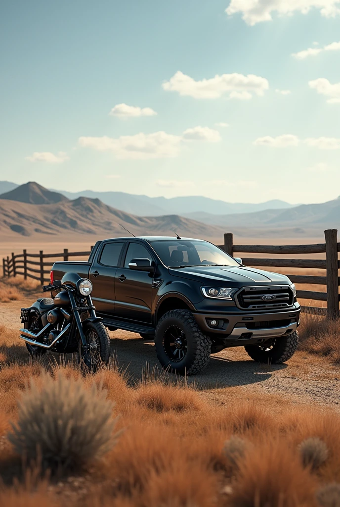 A black ford ranger pickup truck A harley davidson A ranch