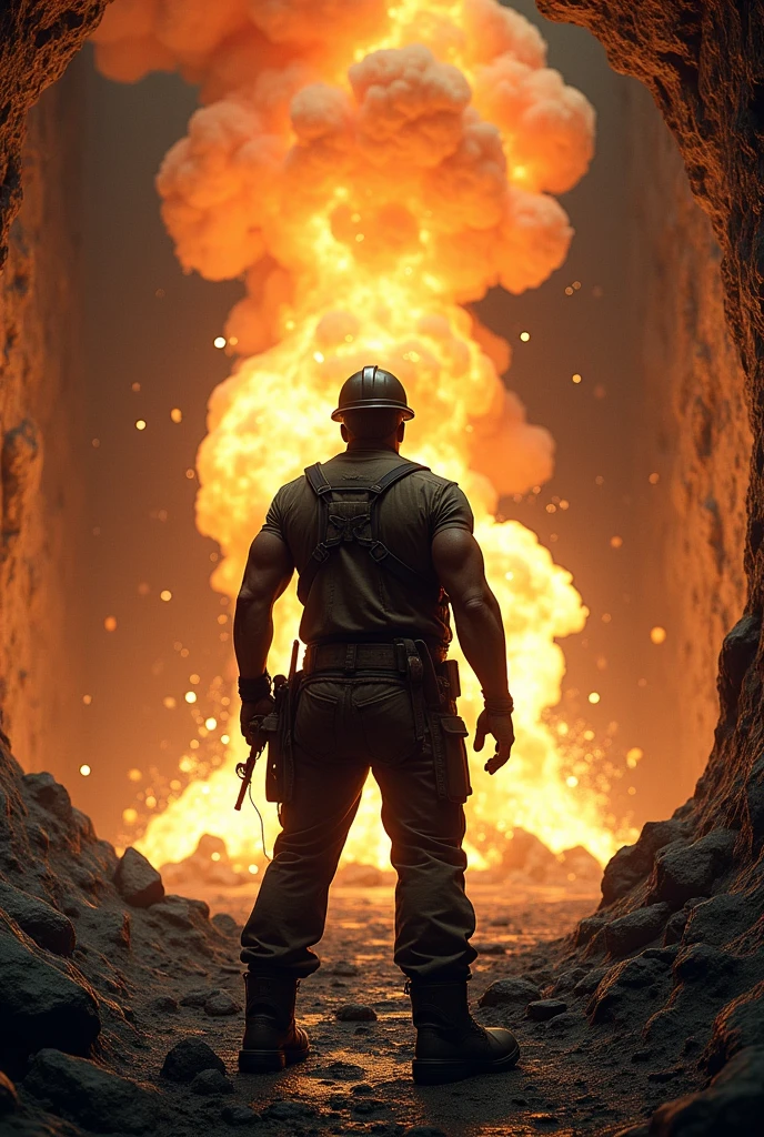 Miner with his back to a large mining blast
