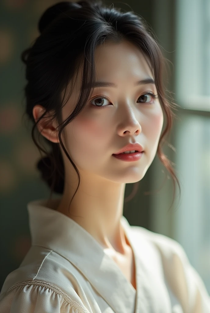 An elegantly dressed Japanese woman in natural light、A close-up of her chest and calm expression.、It shows her inner peace and outer charm.。