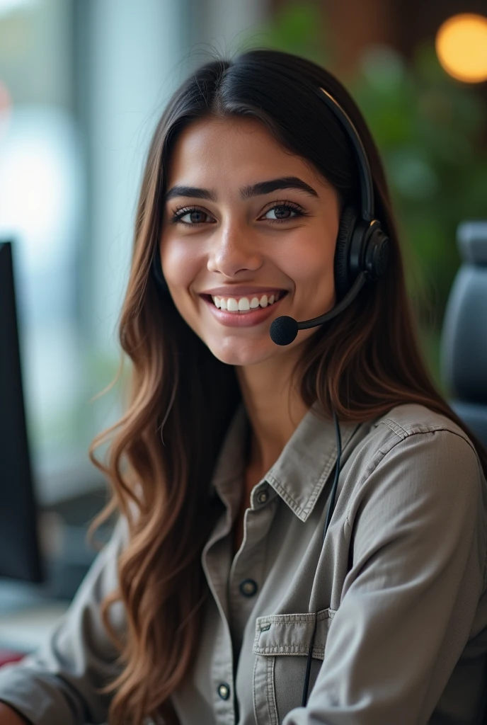 "A smiling Pakistani girl with a professional background, wearing a headset and sitting in front of a computer, with a friendly and approachable expression. The text 'GrowwayGlobal Sales Director ' is written prominently on the image, with the same spellings as you requested."