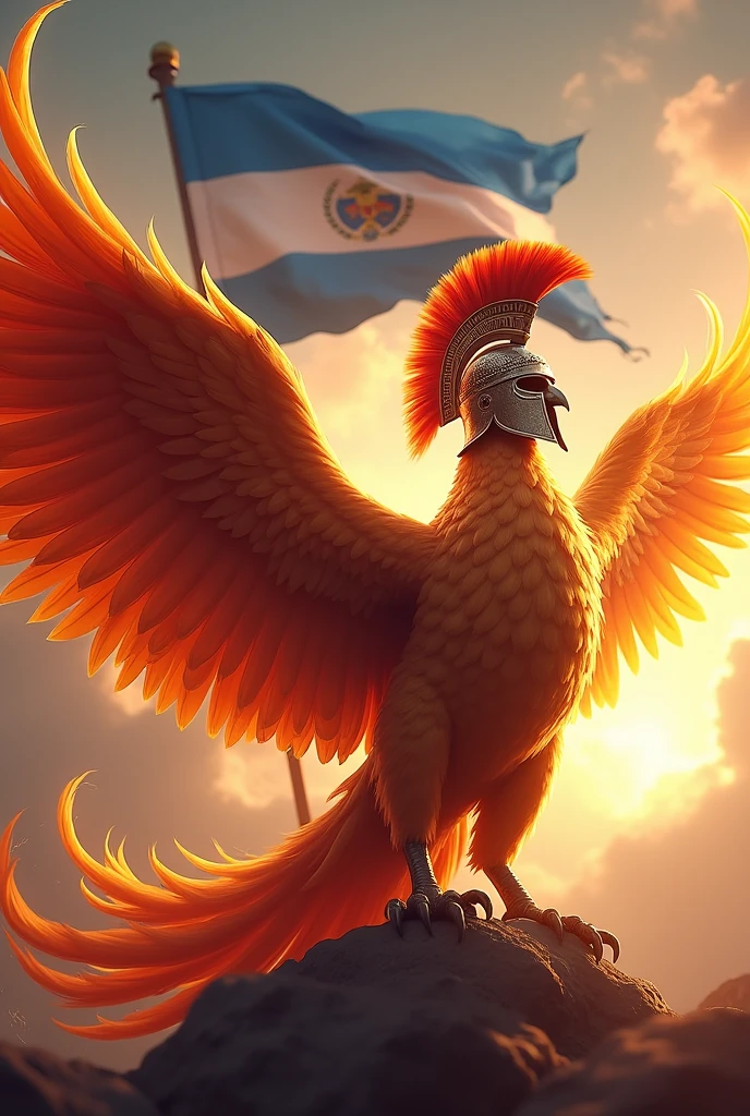 Create an image with a phoenix with open wings and a Spartan helmet, with a flag of the Liberal Party of Honduras in a victory position in the background