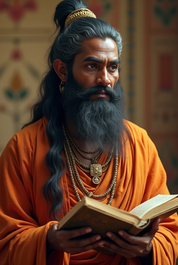 Create a 3D ultra 8K HD image of Vyasa, the legendary author of the Mahabharata, Vedas, and Puranas. Depict him with a serene and wise expression, showcasing his dark complexion and traditional attire. He should be shown holding a manuscript or ancient text, symbolizing his role in classifying the Vedas. Include elements such as a backdrop of ancient Indian scriptures or a serene setting to highlight his revered status. The image should convey a sense of timeless wisdom and reverence, reflecting his significance in Hindu tradition.