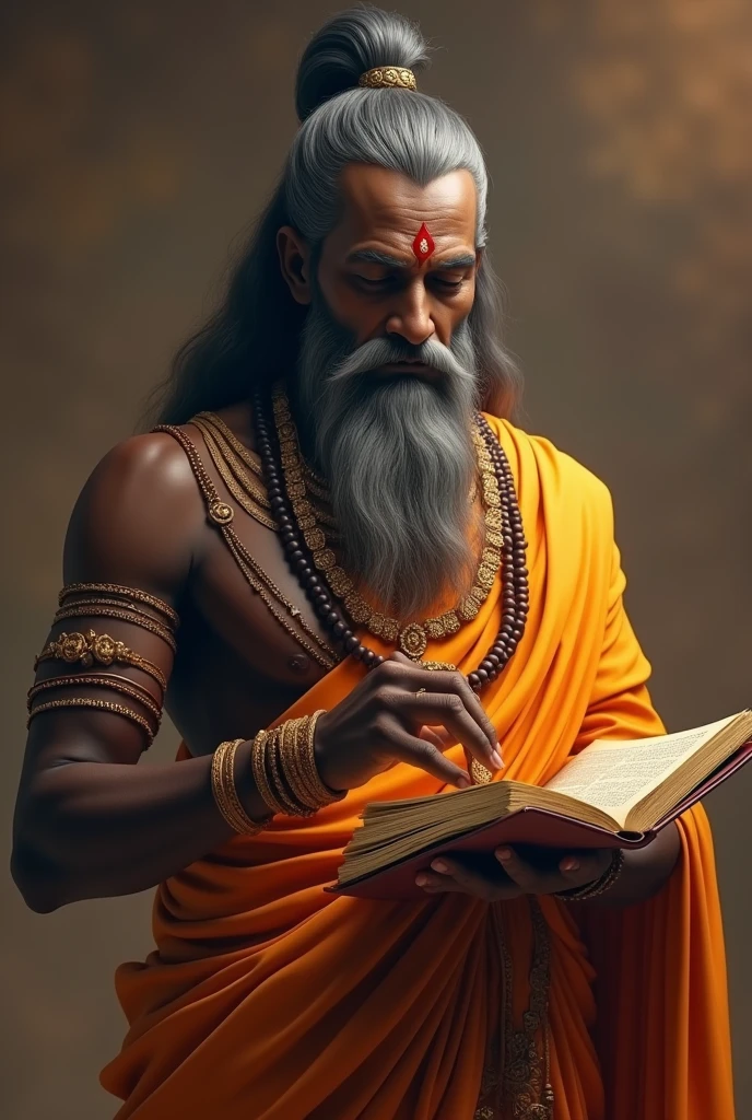 Create a 3D ultra 8K HD image of Vyasa, the legendary author of the Mahabharata, Vedas, and Puranas. Depict him with a serene and wise expression, showcasing his dark complexion and traditional attire. He should be shown holding a manuscript or ancient text, symbolizing his role in classifying the Vedas. Include elements such as a backdrop of ancient Indian scriptures or a serene setting to highlight his revered status. The image should convey a sense of timeless wisdom and reverence, reflecting his significance in Hindu tradition.
