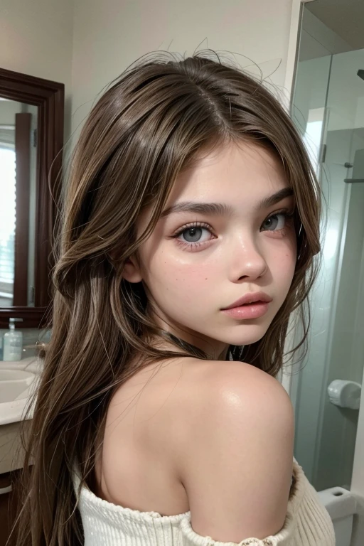 Girl in the room, 19 years old, alone, long hair, slim , looking at the audience, blond, bare shoulders, brown eyes,oval face,double eyelids,Cherry mouth, jewelry, whole body, A necklace, Off the shoulders, sweater, actual, A sexy,