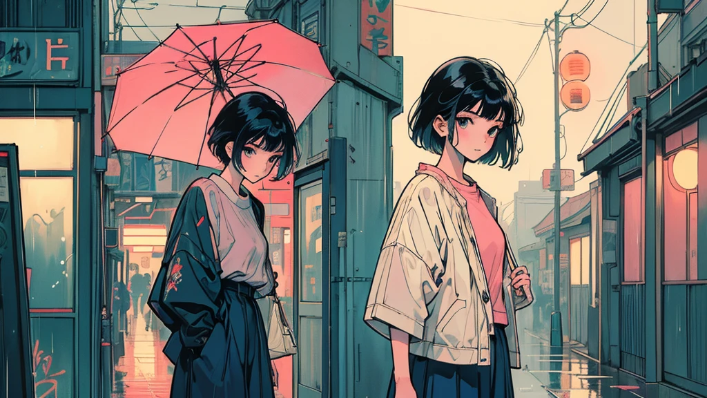 masterpiece, Highest quality, A girl walking down a rainy Tokyo street, short hair,holding an umbrella, with neon signs reflecting on the wet pavement, lyco art, a manga drawing, by Satoshi Kon, lofi hip hop, wlop : :, ukiyo, ukiyo-style, yukito kishiro.