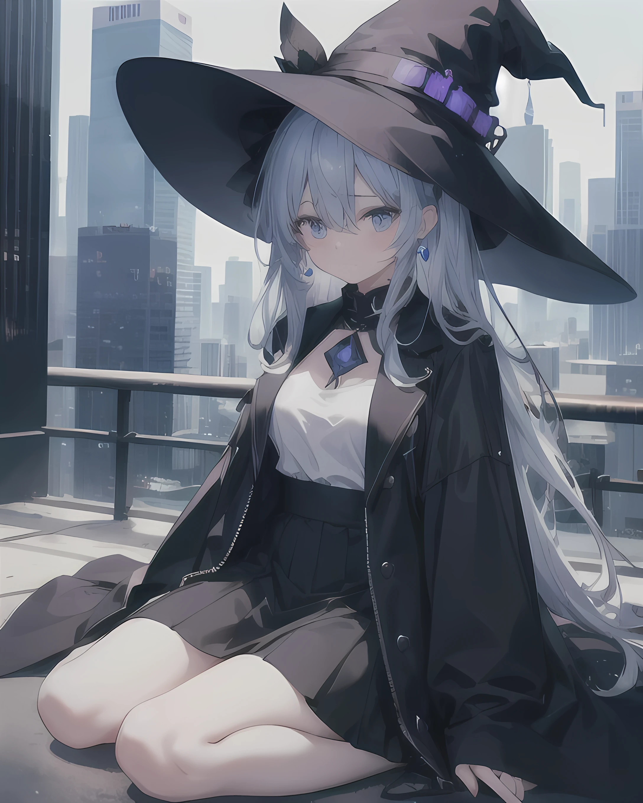 This is the rooftop of a skyscraper in the middle of the night、You can see a lot of buildings behind you、Photograph her from an angle of 45 degrees above、One 27-year-old woman with small breasts、She wears a large black witch hat with gemstone sapphire accessories、White lob hair with blue-violet mesh、Blue eyes with highlights、Black long coat、Plain white t-shirt、Black Midi Skirt、Black sneakers with white shoelaces、small tits、discreet breasts、Crying fleetingly、Tears spill ephemerally、hiquality、High Details、high-level image quality、4K picture quality、beatiful backgrounds