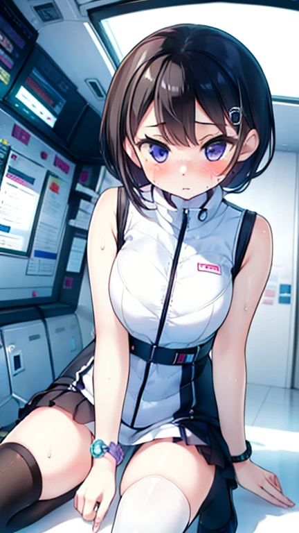 (Highest quality), (masterpiece), 1080P, High resolution, 4K, 8k, Inside the space station、Futuristic room、Thigh straps, Shooting from directly below, The woman on top of me, 白いSweat, Covered , Sweat, Woman looking down, Skirt swimsuit, Thigh-high socks, To achieve this, 16 years old, , whole body, Black leather shoes, Braided hair, Inner Color, Embarrassed face, Short black hair, bracelet, Bedroom,celestial body_Vest