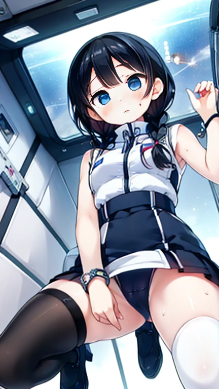 (Highest quality), (masterpiece), 1080P, High resolution, 4K, 8k, Inside the space station、Futuristic room、Thigh straps, Shooting from directly below, The woman on top of me, 白いSweat, Covered , Sweat, Woman looking down, Skirt swimsuit, Thigh-high socks, To achieve this, , , whole body, Black leather shoes, Braided hair, Inner Color, Embarrassed face, Short black hair, bracelet, Bedroom,celestial body_Vest