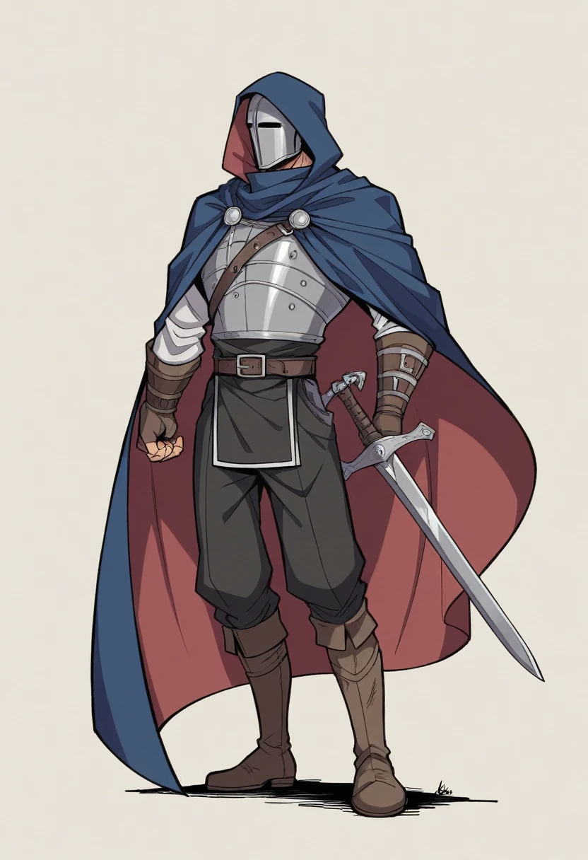 His attire was a striking blend of medieval fantasy and practical armor, designed to both protect and impress. He wore a dark, hooded cloak that flowed down to his ankles, made from a heavy, almost black fabric that absorbed the light and added an air of mystery to his presence. Beneath the cloak, his torso was protected by a finely crafted leather cuirass, dyed a deep midnight blue and embossed with intricate patterns that shimmered subtly in the shadows. His shoulders were adorned with pauldrons of blackened steel, each one etched with ancient runes that hinted at enchantments for strength and protection. Underneath, a tunic of dark grey linen provided a comfortable layer against his skin, its high collar peeking out from beneath the armor. His arms were shielded by vambraces of the same darkened steel, their surfaces smooth and unadorned, offering both flexibility and defense. His hands were covered by fingerless gloves made of sturdy black leather, allowing for dexterity while handling weapons. His legs were clad in durable black trousers, reinforced with hidden plates at the thighs and shins, providing extra protection without hindering movement. His boots, high and rugged, were made from toughened leather, reinforced with metal toe caps and heel guards, ready for both battle and long journeys. A wide belt with a silver buckle encircled his waist, supporting a variety of pouches and a sheath for his sword, the weapon's hilt wrapped in dark leather and always within easy reach.