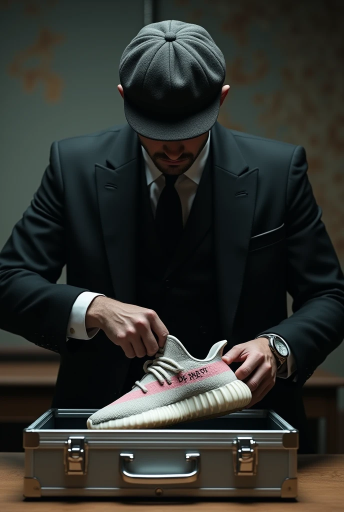 A dealer dressed as the peaky blinders carefully packing a yeezy sneaker into a silver briefcase