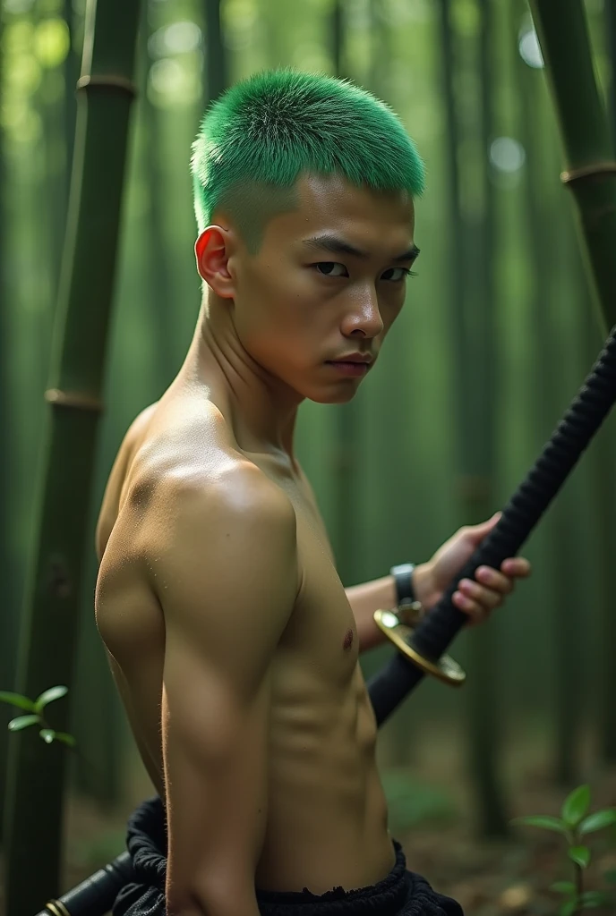 high resolution, realistic, A hyper-realistic,  boy, Edgy Ulzzang boy, green hair, buzz cut, gorgeous boy face, showing dominance, skinny body, shirtless, male, fair skin, wet skin, armpit, katana, bamboo forest