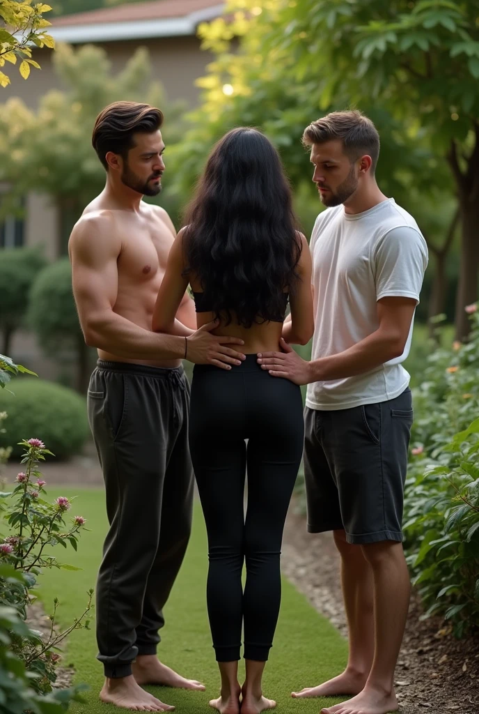 Black wavy hair in the garden, black sweatpants, Barefoot woman. 2 men touching woman&#39;s butt