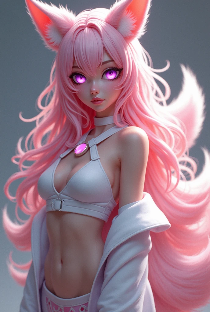 Kitsune in human form, long curly pastel pink hair, pastel pink nine tails, pink cat ears, violet cat eyes, Caucasian skin, white fabric clothes with leather details that show the belly