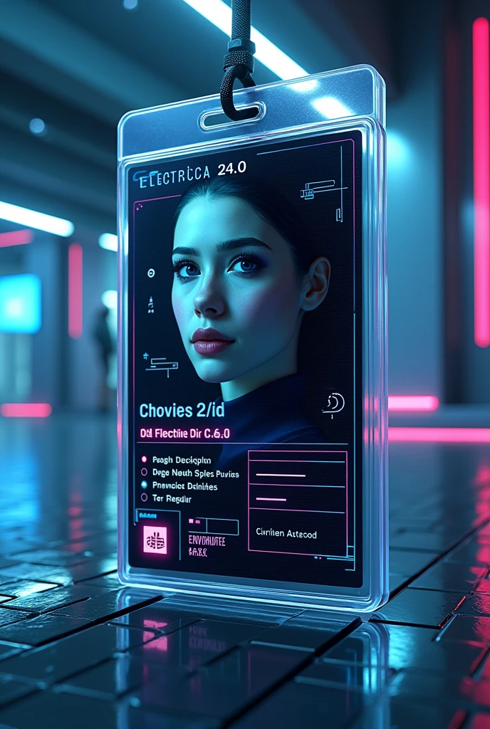 I want to create id card for my college event ' Electrica 24.0' of theme futuristic meta verse. Include college logo, event logo ,also include photo of the person,name of the person and designation of the person