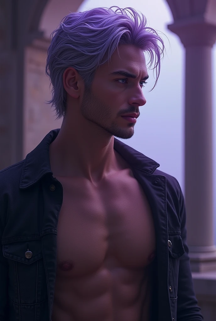 male, Silver-purple hair, Dark purple eyes,languid eyes, sexy 30s, bust, Looking expressionlessly to the right, Romance Fantasy, Northern Operations