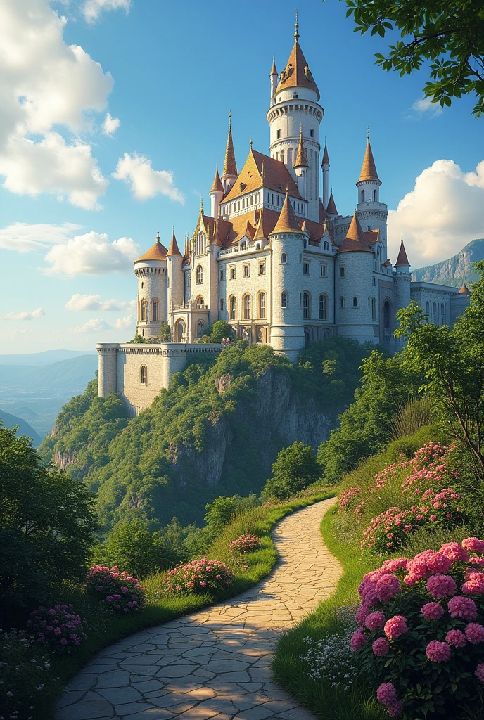 An imposing castle, an imposing castle situated on top of a verdant hill. Ao fundo, A clear blue sky with some fluffy white clouds. Sunlight illuminates the castle, creating soft shadows that highlight its structure.A clear blue sky with some fluffy white clouds com tons de rosa O castelo é grandioso e ornamentado, made of white and gold stones that shine in the evening light. It has a beautiful garden with pink flowers and a path to the ballerina