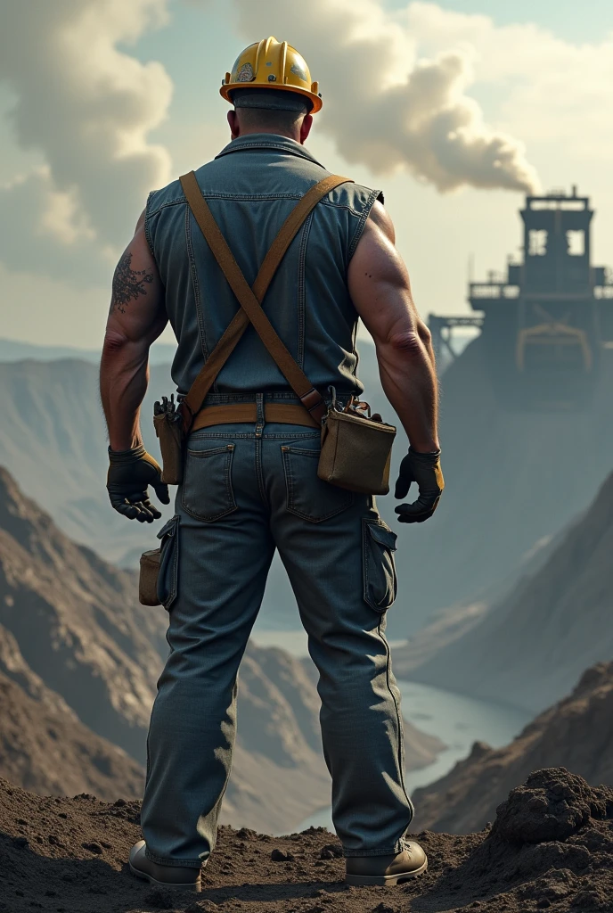 Miner with his back to a large open-air blast