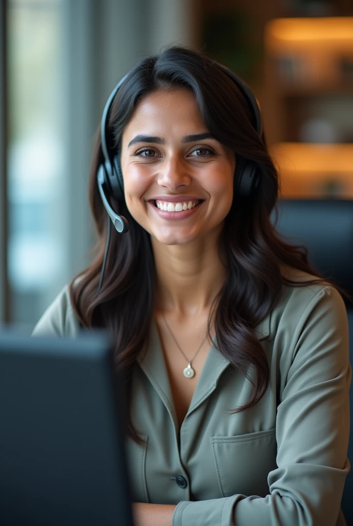 "A smiling Pakistani girl with a professional background, wearing a headset and sitting in front of a computer, with a friendly and approachable expression. The text 'GrowwayGlobal Sales Director ' is written prominently on the image, with the same spellings as you requested." GrowwayGlobal sales Director