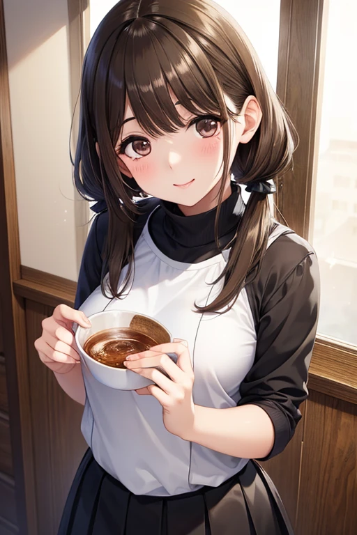 anegasaki nene、Shiny brown hair, Twin tails、, (Beautiful brown eyes、Sparkling eyes, Fine grain)、smile、Ultra-detailed eyes、Highly detailed face, Highly detailed eyes,
(masterpiece,Highest quality,High resolution,Highest quality,Super Details),8k,wallpaper,An illustration,
Brown Hair、turtleneck、Black Skirt、Lucky Pervert、Harem