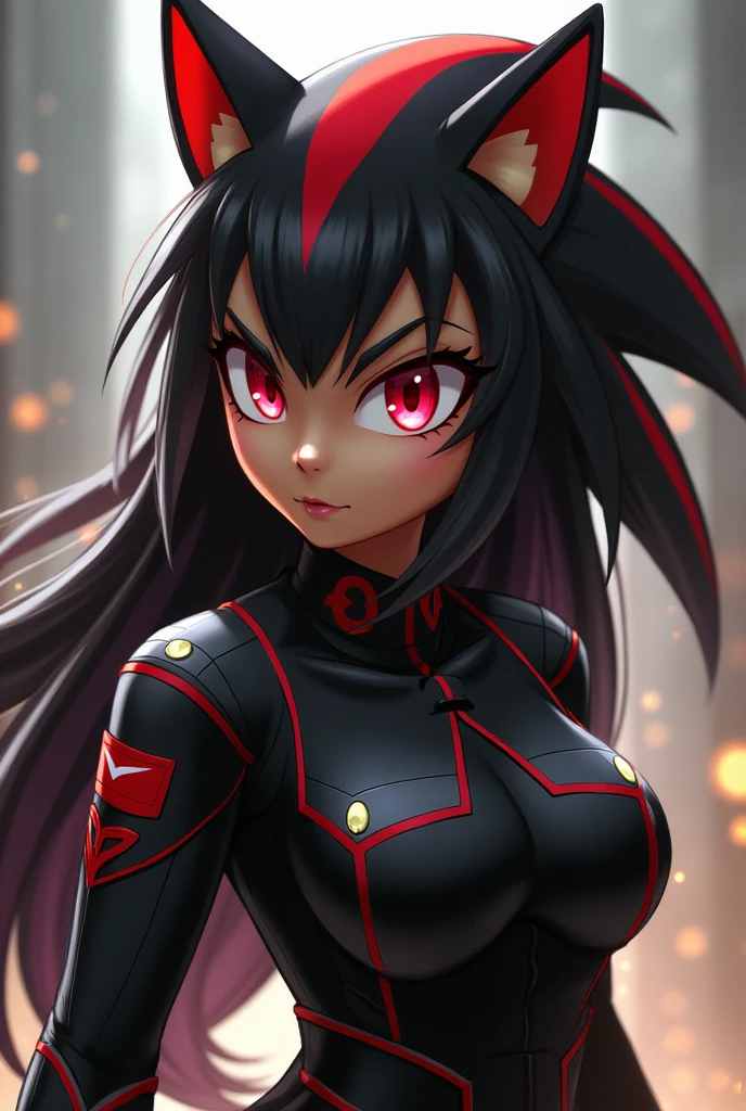 shadina the hedgehog black fur jet red streaks nice body reddish eyes tender pretty beautiful dressed as a soldier female character from shadow the hedgehog