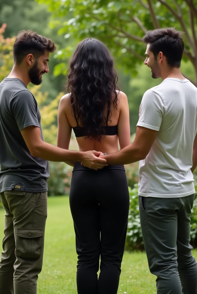 Black wavy hair in the garden, black sweatpants, Barefoot woman. 2 men touching woman&#39;s butt