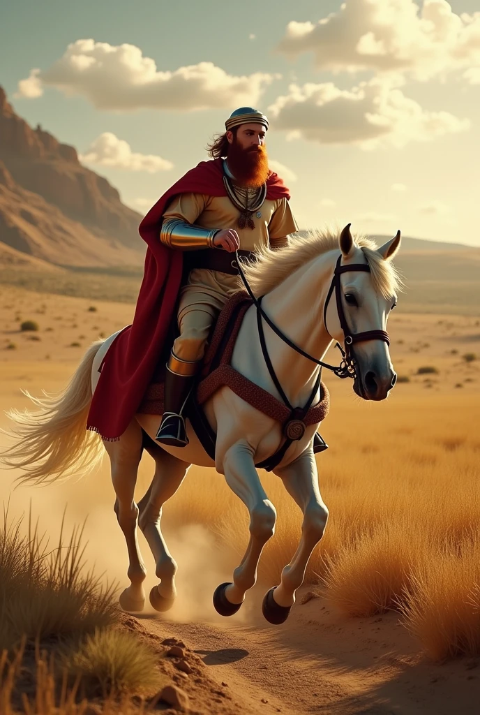 King Saul chasing David on horseback, who was red-haired and was trying to hide in the lands of the Philistines